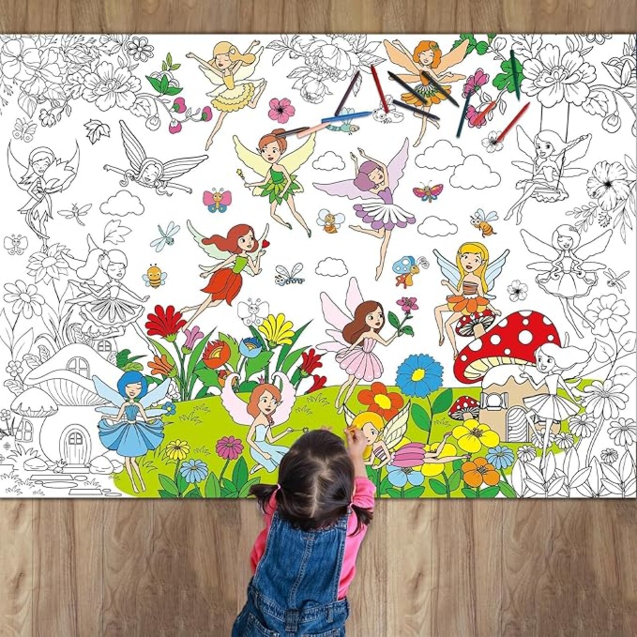 Giant Fairy Garden Coloring Poster for Kids – Jumbo Spring Fairy Party Coloring Tablecloth, Large Flower Coloring Poster for Classroom, Home, Birthday Party Supplies & Favors